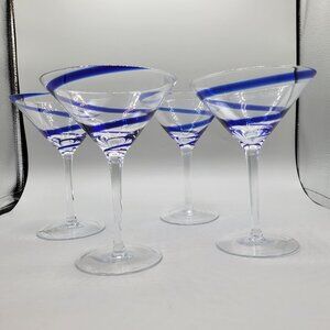 Pier 1 Swirline Blue Swirl Clear Glass Martini Glasses Cocktail Stemware Set 4